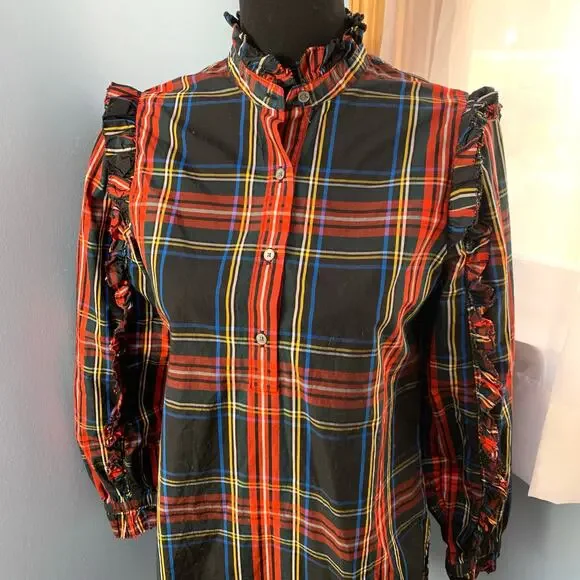 J. Crew Ruffle Popover Top in Stewart Plaid Size XS - Picture 4 of 9